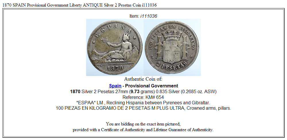 1870 SPAIN Provisional Government Liberty ANTIQUE Silver 2 Pesetas Coin i111036