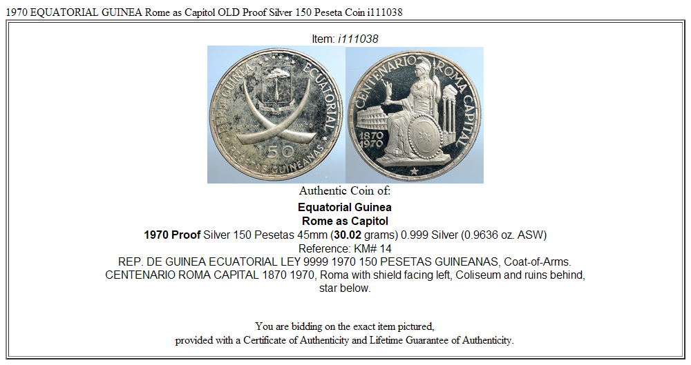 1970 EQUATORIAL GUINEA Rome as Capitol OLD Proof Silver 150 Peseta Coin i111038