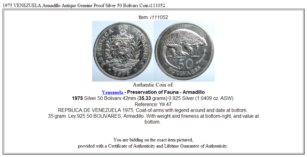 1975 VENEZUELA Armadillo Antique Genuine Proof Silver 50 Bolivars Coin i111052