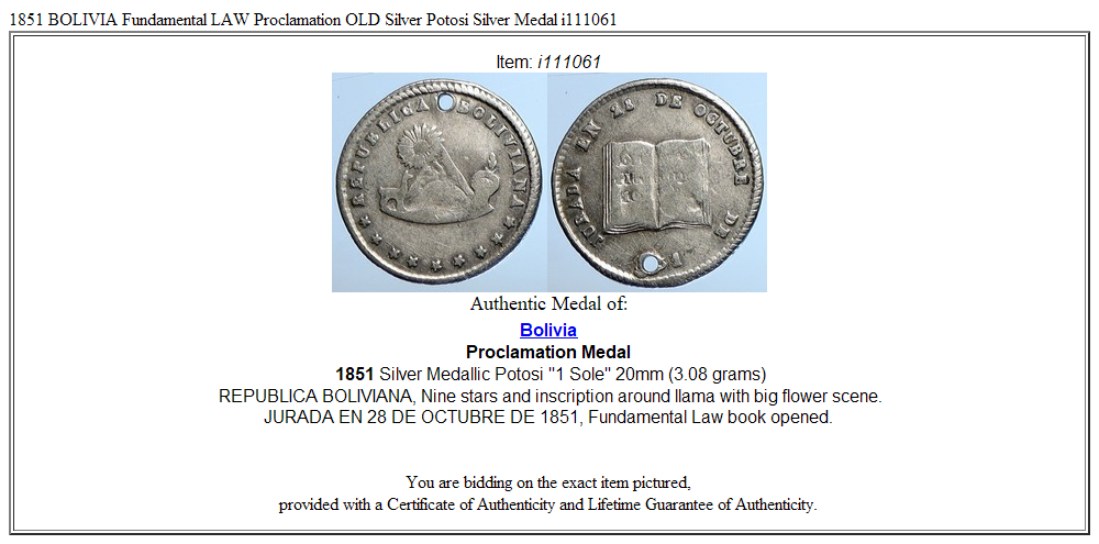 1851 BOLIVIA Fundamental LAW Proclamation OLD Silver Potosi Silver Medal i111061