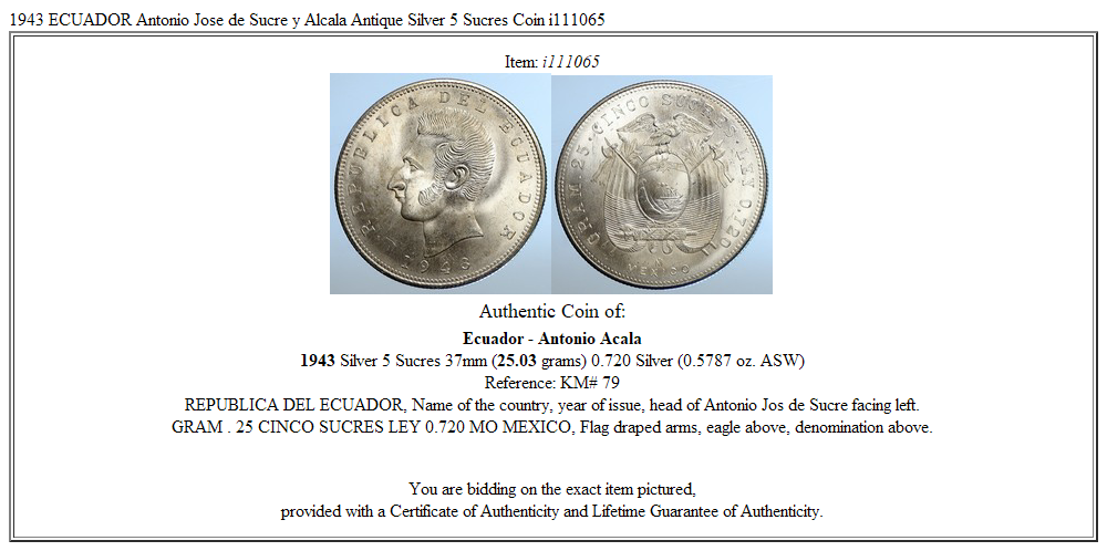 1943 ECUADOR Antonio Jose de Sucre y Alcala Antique Silver 5 Sucres Coin i111065