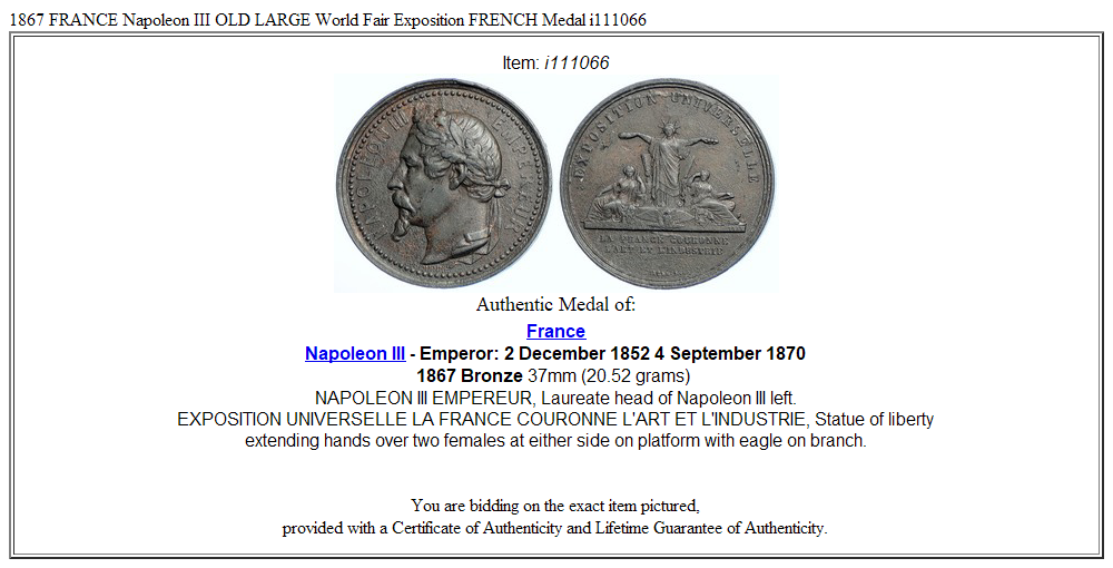 1867 FRANCE Napoleon III OLD LARGE World Fair Exposition FRENCH Medal i111066