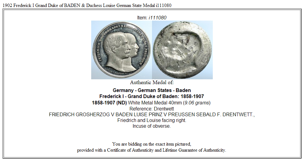 1902 Frederick I Grand Duke of BADEN & Duchess Louise German State Medal i111080