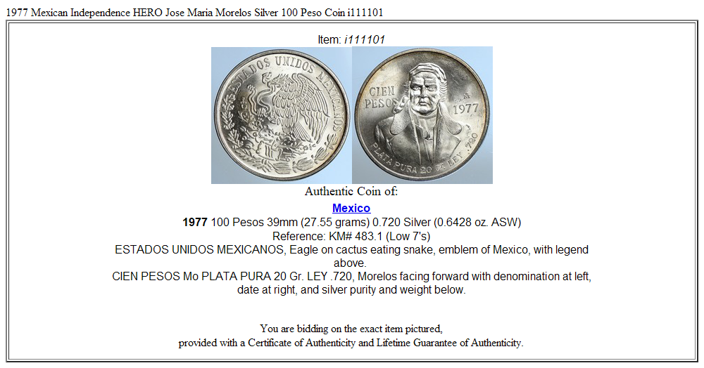 1977 Mexican Independence HERO Jose Maria Morelos Silver 100 Peso Coin i111101