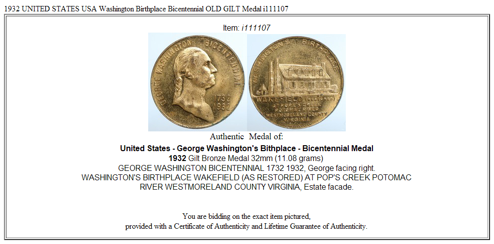 1932 UNITED STATES USA Washington Birthplace Bicentennial OLD GILT Medal i111107