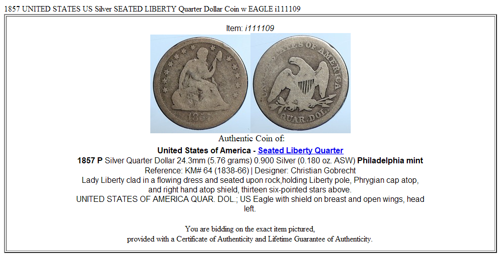 1857 UNITED STATES US Silver SEATED LIBERTY Quarter Dollar Coin w EAGLE i111109