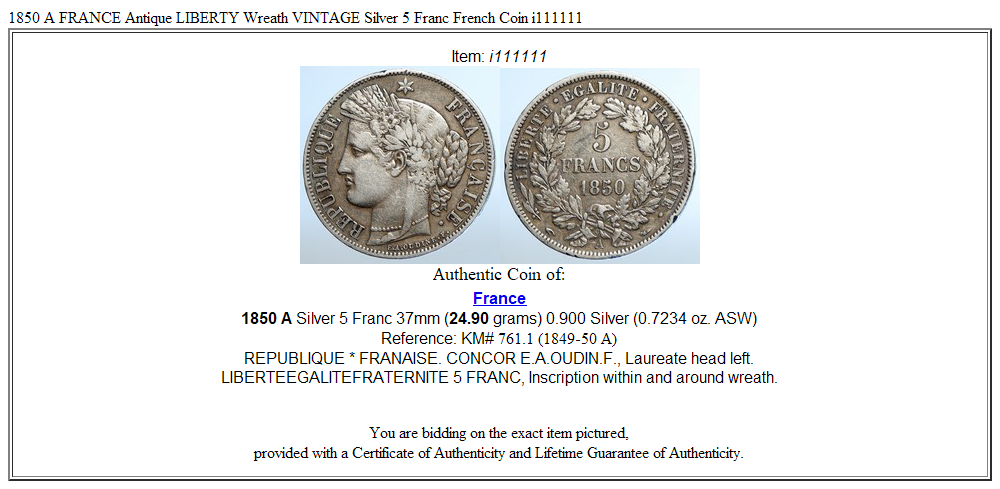 1850 A FRANCE Antique LIBERTY Wreath VINTAGE Silver 5 Franc French Coin i111111