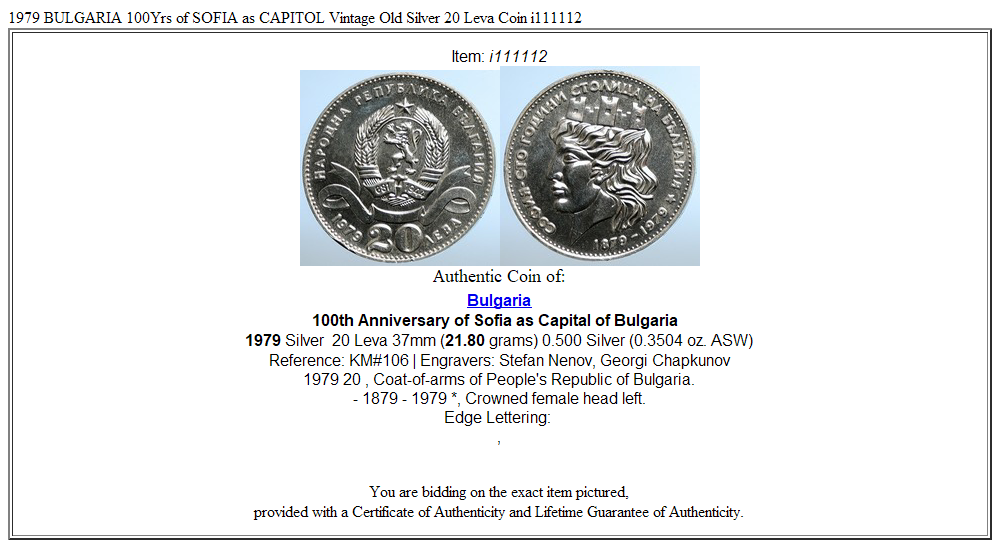1979 BULGARIA 100Yrs of SOFIA as CAPITOL Vintage Old Silver 20 Leva Coin i111112