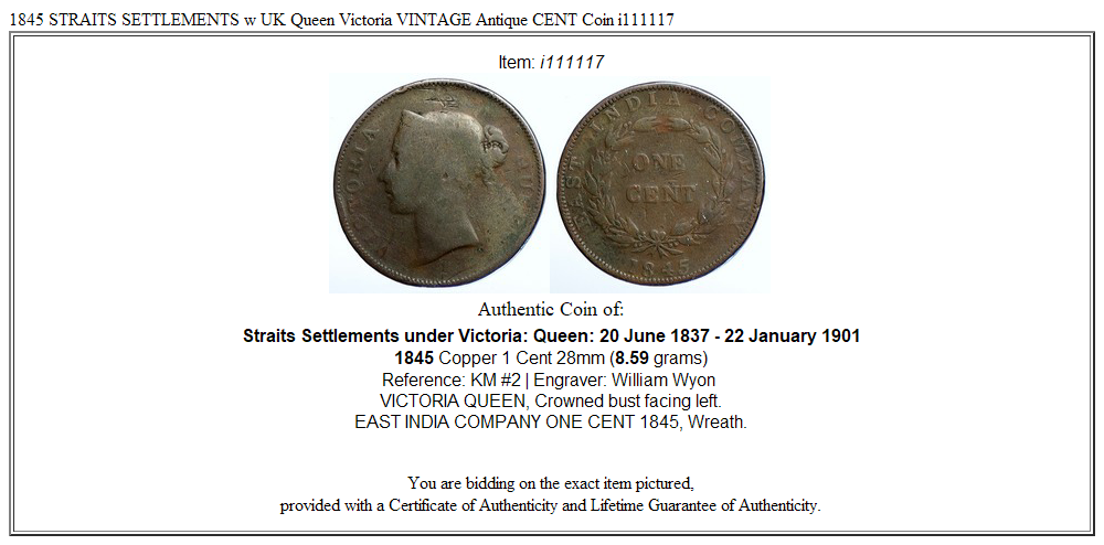 1845 STRAITS SETTLEMENTS w UK Queen Victoria VINTAGE Antique CENT Coin i111117