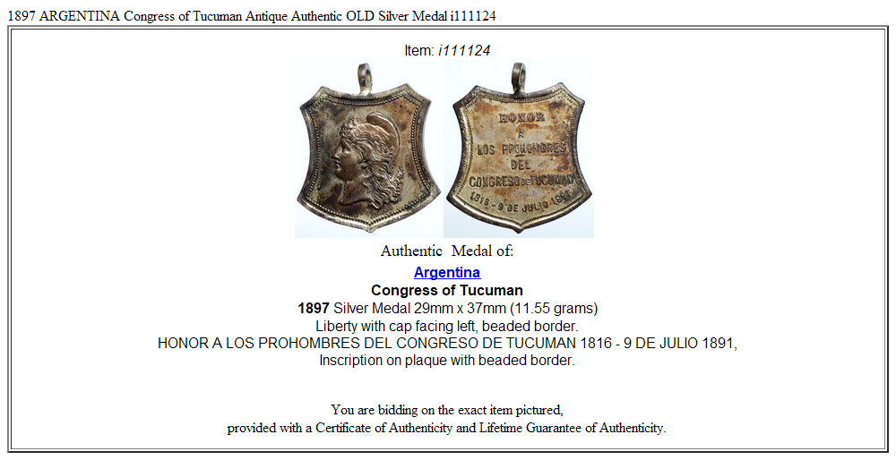 1897 ARGENTINA Congress of Tucuman Antique Authentic OLD Silver Medal i111124