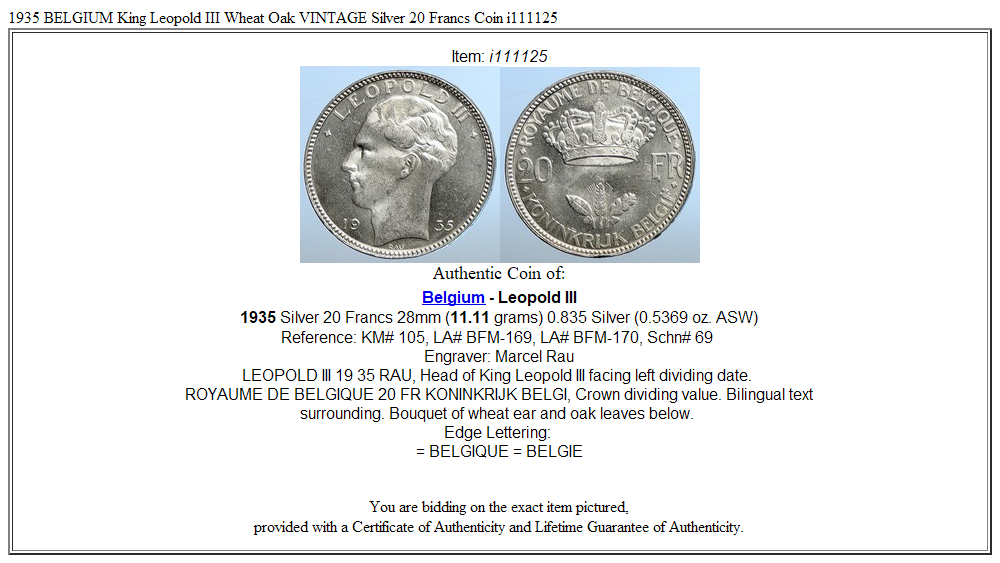 1935 BELGIUM King Leopold III Wheat Oak VINTAGE Silver 20 Francs Coin i111125