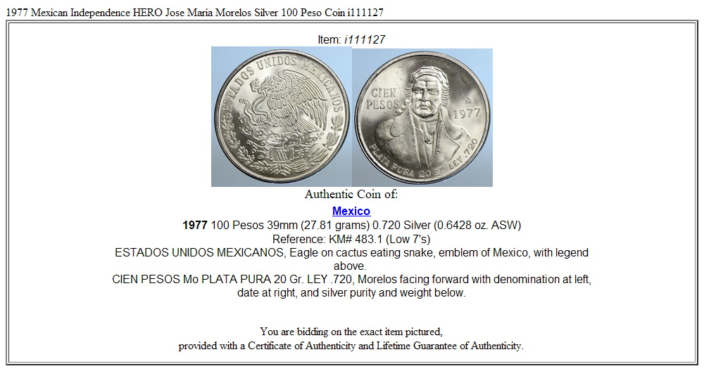 1977 Mexican Independence HERO Jose Maria Morelos Silver 100 Peso Coin i111127