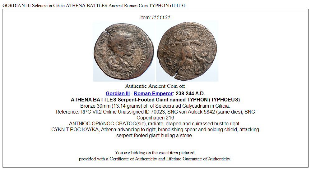 GORDIAN III Seleucia in Cilicia ATHENA BATTLES Ancient Roman Coin TYPHON i111131