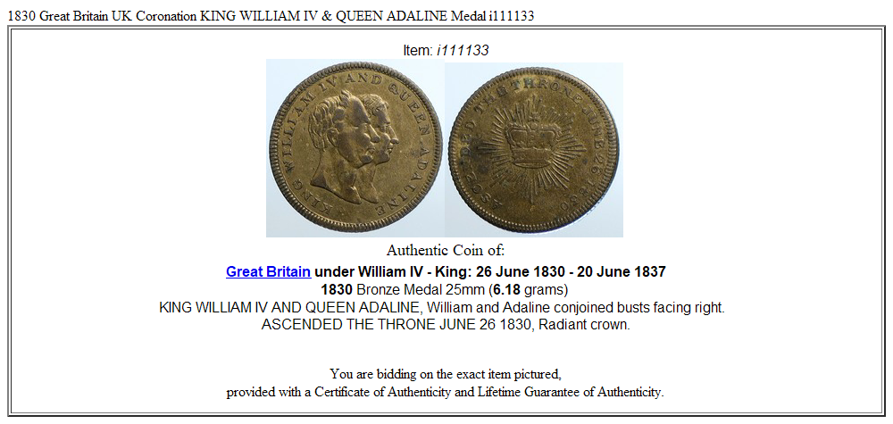 1830 Great Britain UK Coronation KING WILLIAM IV & QUEEN ADALINE Medal i111133