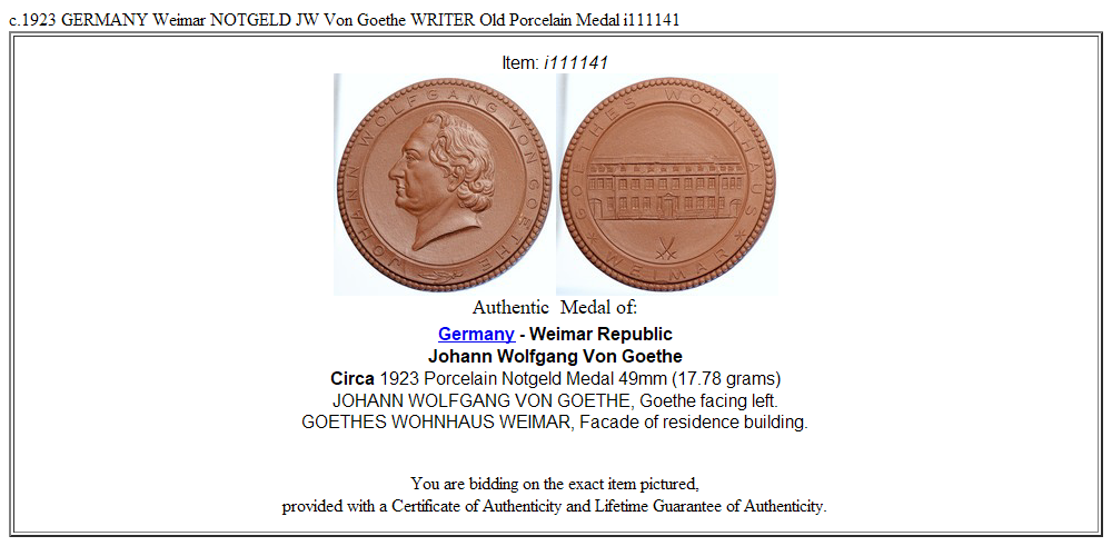 c.1923 GERMANY Weimar NOTGELD JW Von Goethe WRITER Old Porcelain Medal i111141