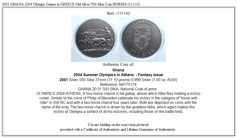 2001 GHANA 2004 Olympic Games in GREECE Old Silver 500 Sika Coin HORSES i111142