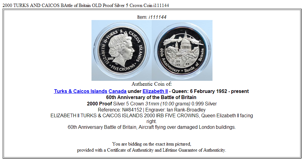 2000 TURKS AND CAICOS BAttle of Britain OLD Proof Silver 5 Crown Coin i111144