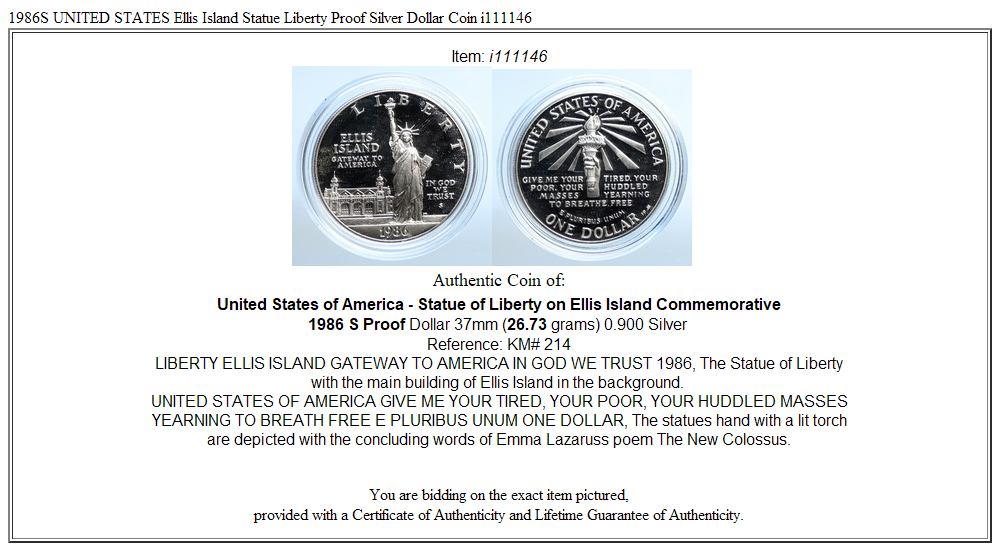 1986S UNITED STATES Ellis Island Statue Liberty Proof Silver Dollar Coin i111146