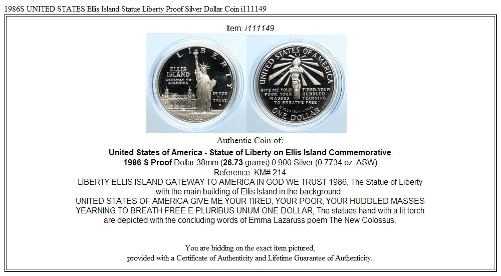 1986S UNITED STATES Ellis Island Statue Liberty Proof Silver Dollar Coin i111149