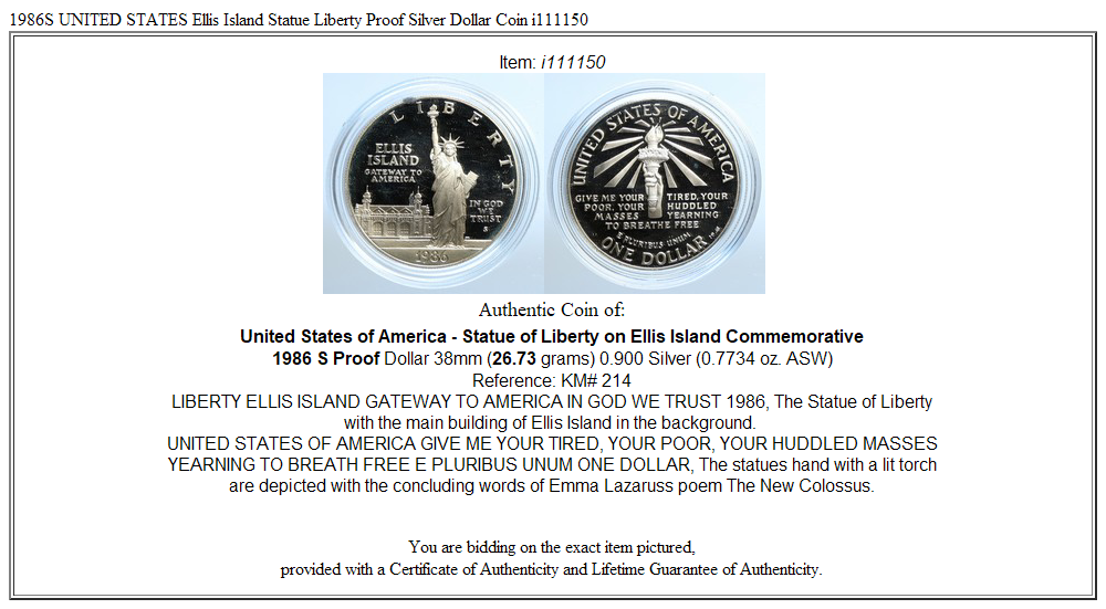 1986S UNITED STATES Ellis Island Statue Liberty Proof Silver Dollar Coin i111150