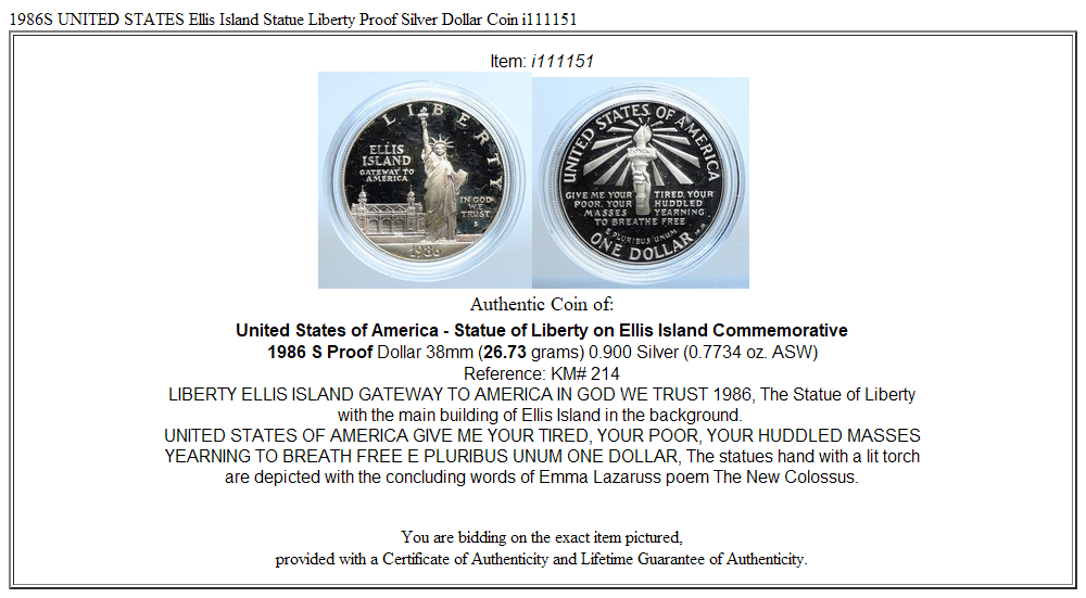 1986S UNITED STATES Ellis Island Statue Liberty Proof Silver Dollar Coin i111151