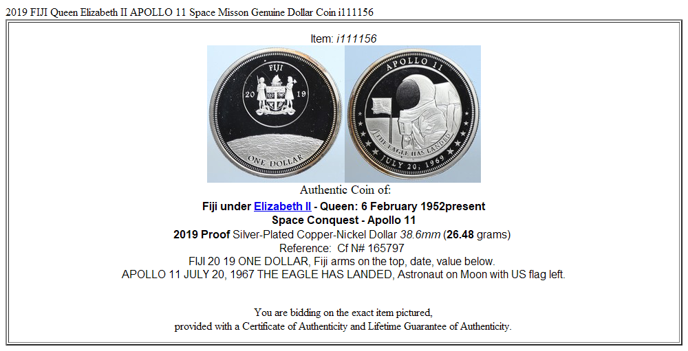 2019 FIJI Queen Elizabeth II APOLLO 11 Space Misson Genuine Dollar Coin i111156