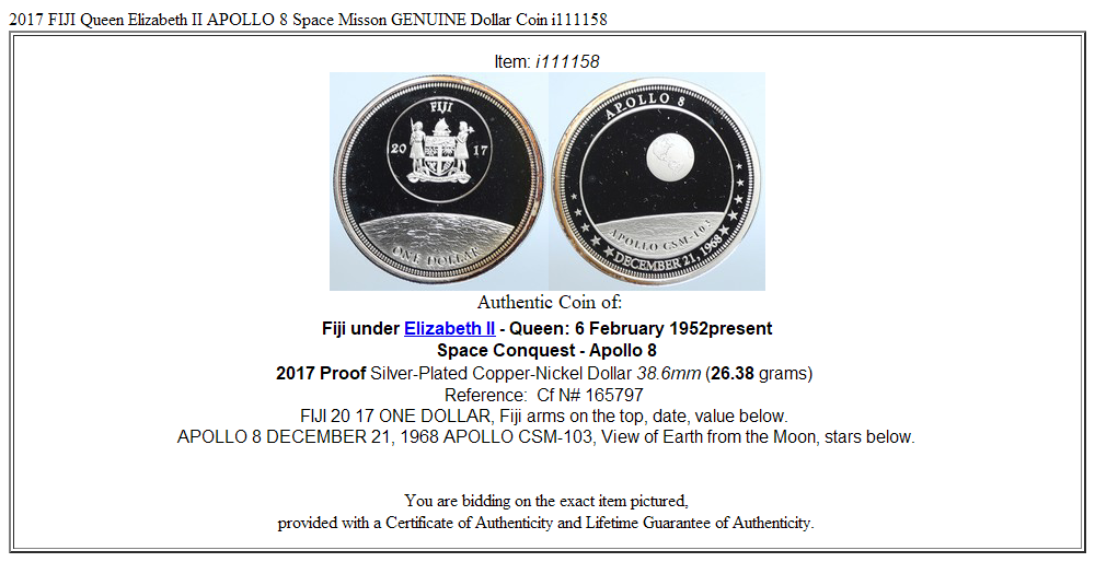 2017 FIJI Queen Elizabeth II APOLLO 8 Space Misson GENUINE Dollar Coin i111158