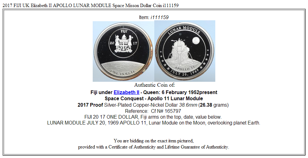 2017 FIJI UK Elizabeth II APOLLO LUNAR MODULE Space Misson Dollar Coin i111159