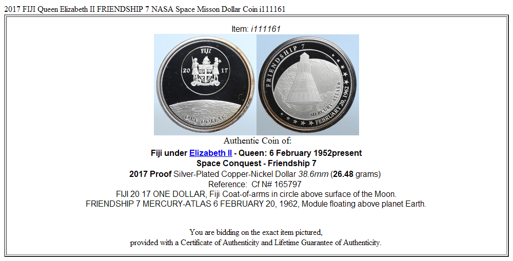 2017 FIJI Queen Elizabeth II FRIENDSHIP 7 NASA Space Misson Dollar Coin i111161