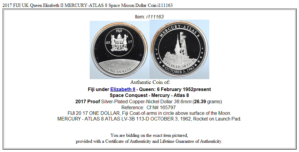 2017 FIJI UK Queen Elizabeth II MERCURY-ATLAS 8 Space Misson Dollar Coin i111163