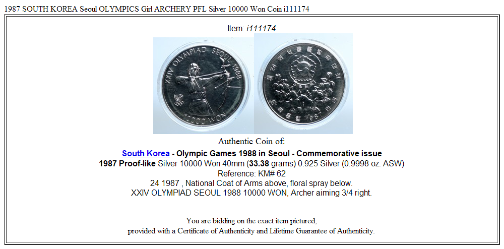 1987 SOUTH KOREA Seoul OLYMPICS Girl ARCHERY PFL Silver 10000 Won Coin i111174