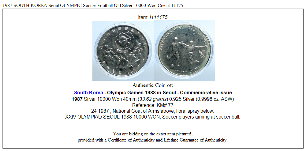 1987 SOUTH KOREA Seoul OLYMPIC Soccer Football Old Silver 10000 Won Coin i111175