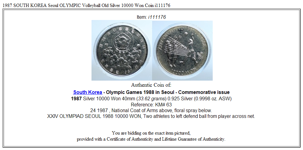 1987 SOUTH KOREA Seoul OLYMPIC Volleyball Old Silver 10000 Won Coin i111176