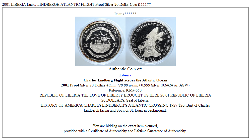 2001 LIBERIA Lucky LINDBERGH ATLANTIC FLIGHT Proof Silver 20 Dollar Coin i111177