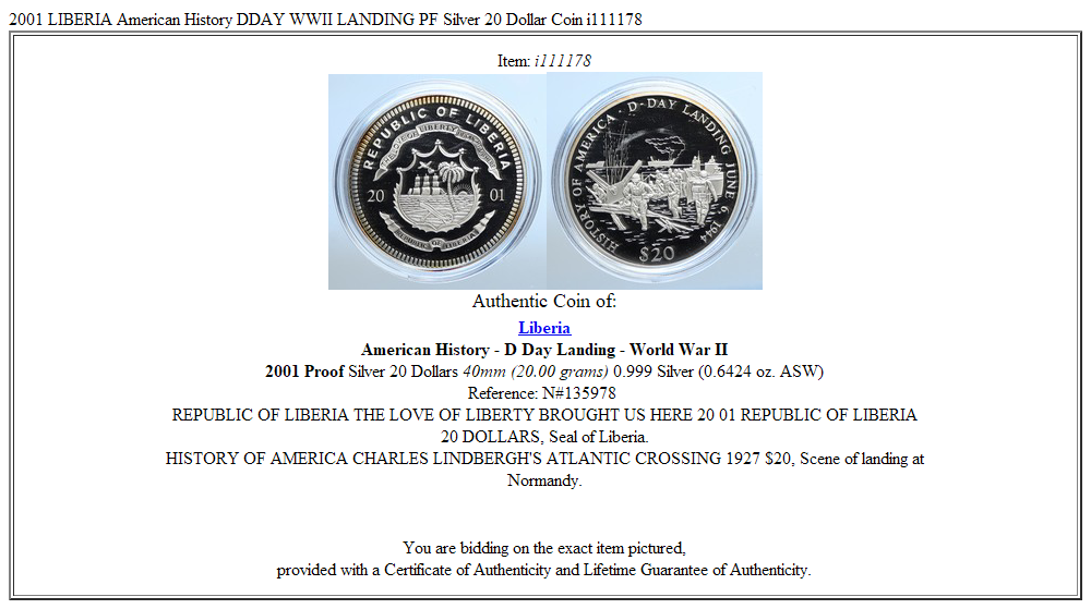 2001 LIBERIA American History DDAY WWII LANDING PF Silver 20 Dollar Coin i111178