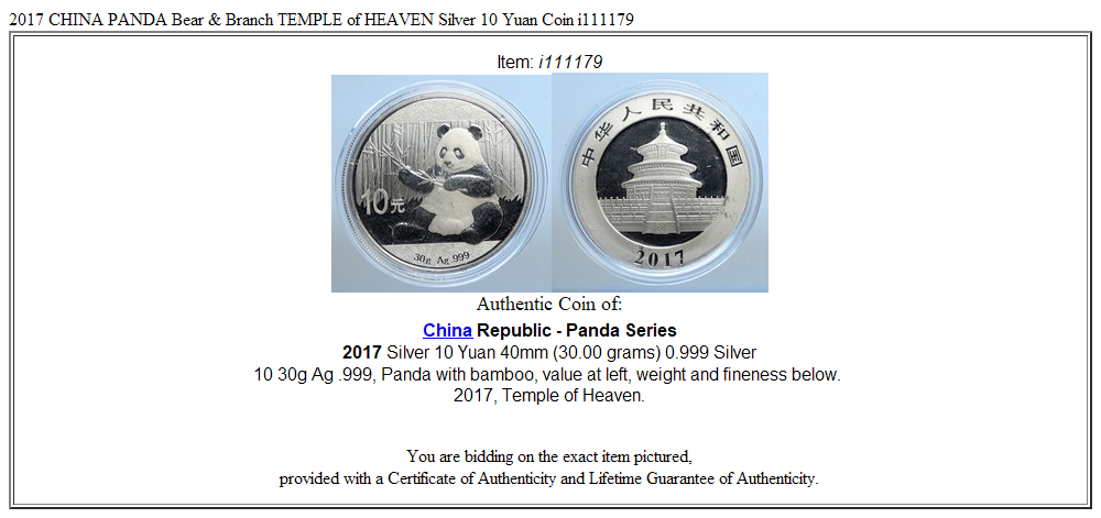 2017 CHINA PANDA Bear & Branch TEMPLE of HEAVEN Silver 10 Yuan Coin i111179