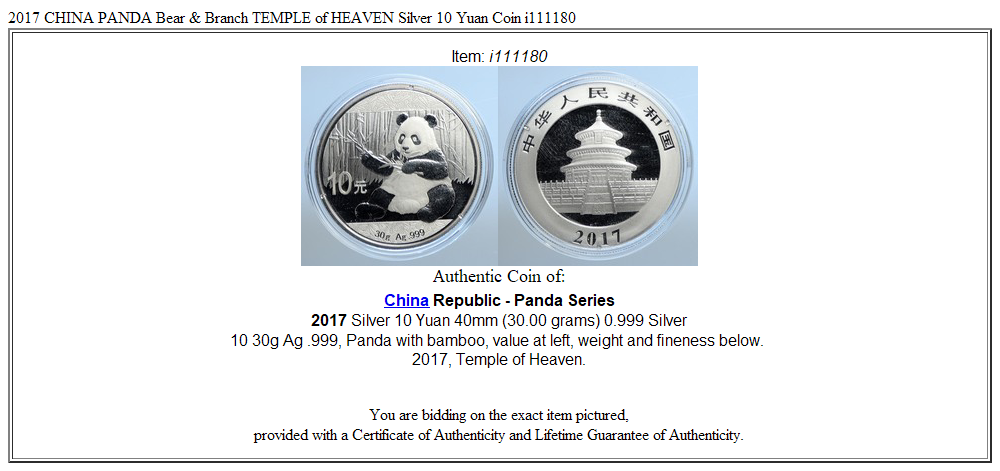 2017 CHINA PANDA Bear & Branch TEMPLE of HEAVEN Silver 10 Yuan Coin i111180