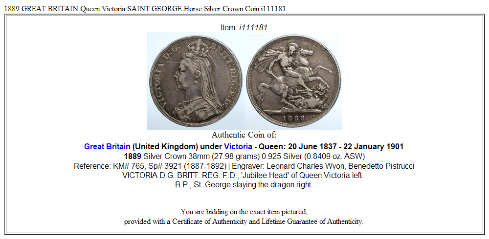 1889 GREAT BRITAIN Queen Victoria SAINT GEORGE Horse Silver Crown Coin i111181