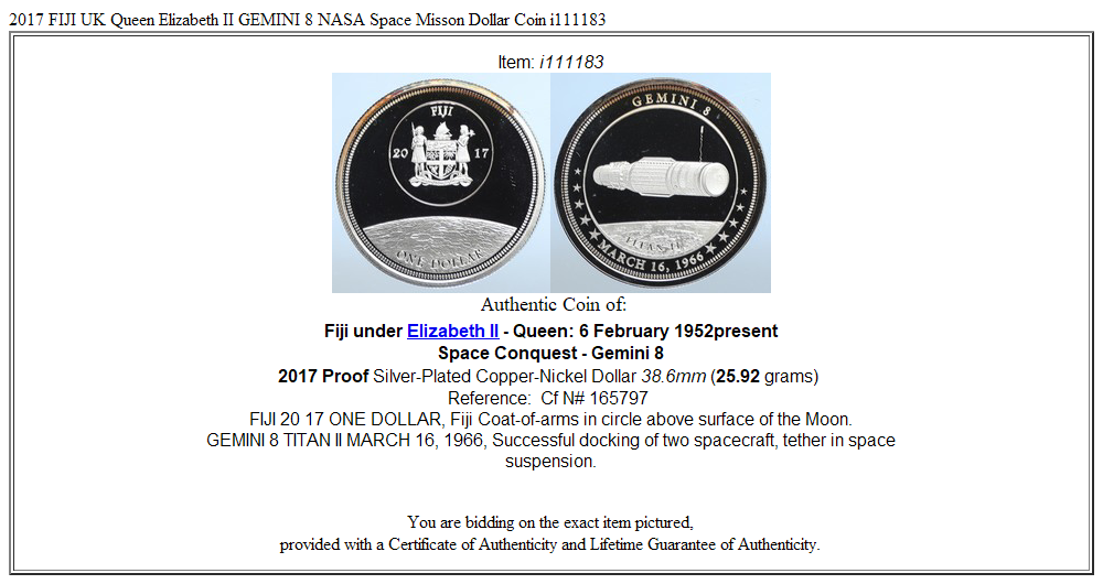 2017 FIJI UK Queen Elizabeth II GEMINI 8 NASA Space Misson Dollar Coin i111183