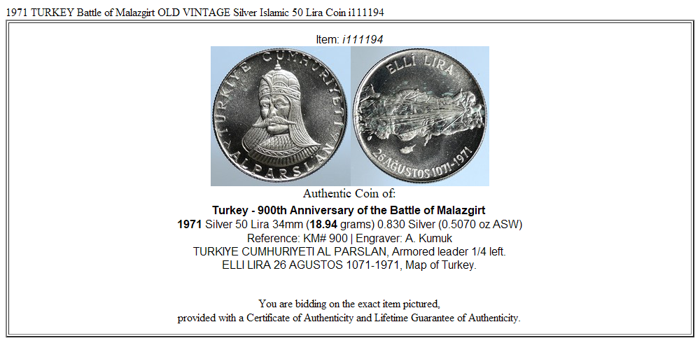 1971 TURKEY Battle of Malazgirt OLD VINTAGE Silver Islamic 50 Lira Coin i111194