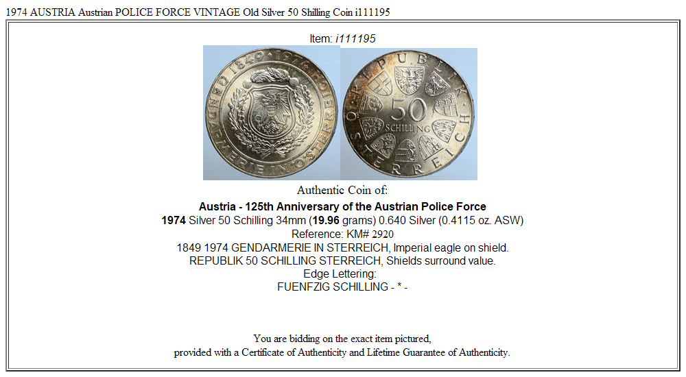 1974 AUSTRIA Austrian POLICE FORCE VINTAGE Old Silver 50 Shilling Coin i111195