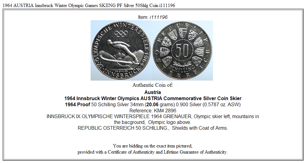 1964 AUSTRIA Innsbruck Winter Olympic Games SKIING PF Silver 50Shlg Coin i111196