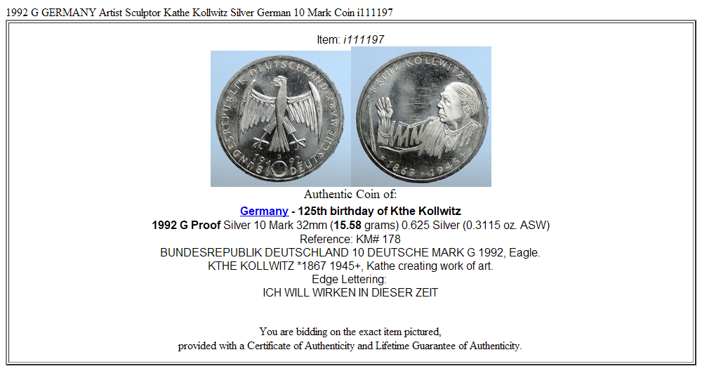 1992 G GERMANY Artist Sculptor Kathe Kollwitz Silver German 10 Mark Coin i111197