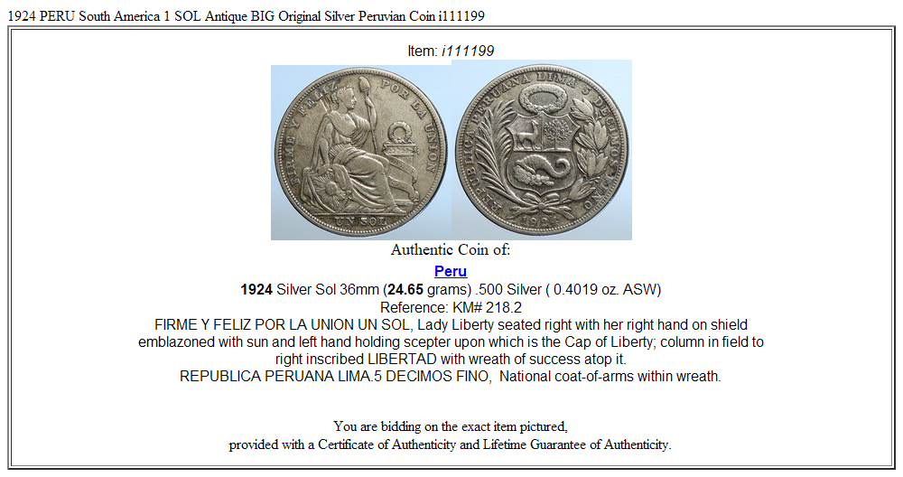 1924 PERU South America 1 SOL Antique BIG Original Silver Peruvian Coin i111199