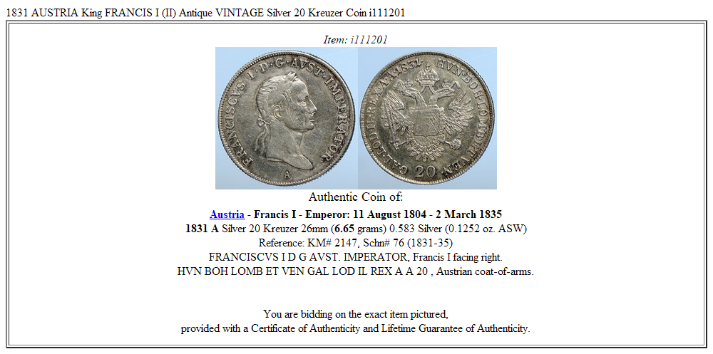 1831 AUSTRIA King FRANCIS I (II) Antique VINTAGE Silver 20 Kreuzer Coin i111201