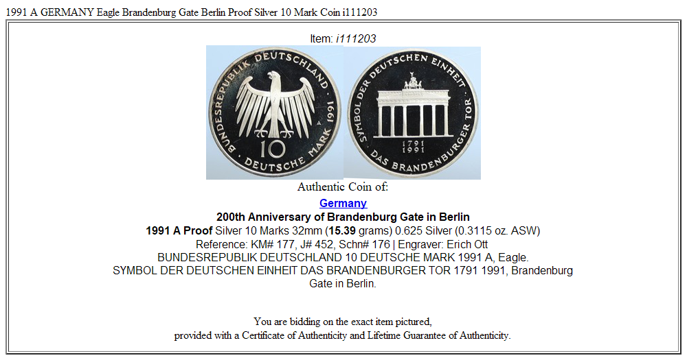 1991 A GERMANY Eagle Brandenburg Gate Berlin Proof Silver 10 Mark Coin i111203