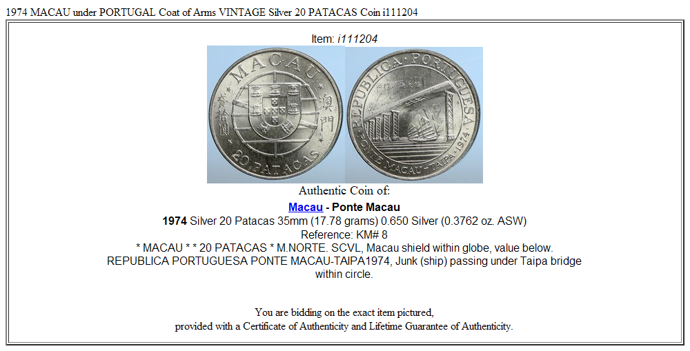 1974 MACAU under PORTUGAL Coat of Arms VINTAGE Silver 20 PATACAS Coin i111204