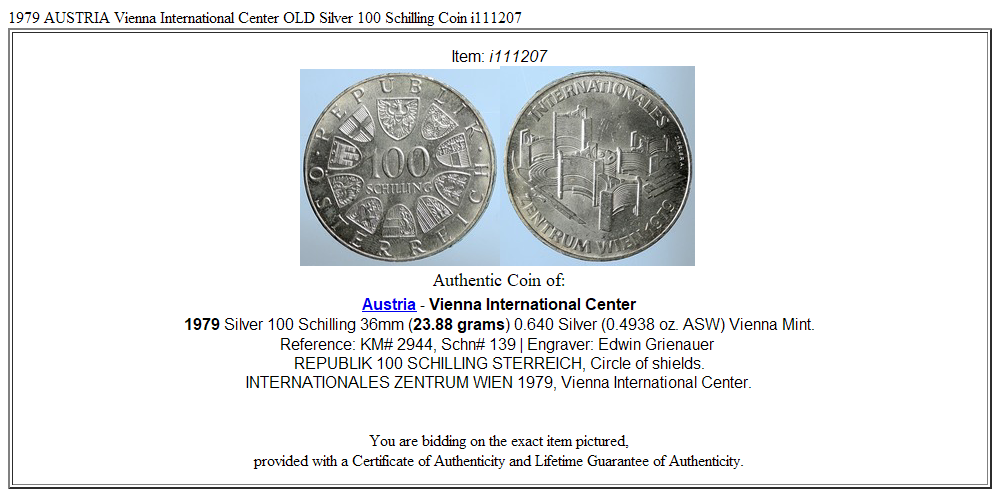 1979 AUSTRIA Vienna International Center OLD Silver 100 Schilling Coin i111207