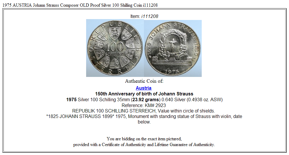 1975 AUSTRIA Johann Strauss Composer OLD Proof Silver 100 Shilling Coin i111208