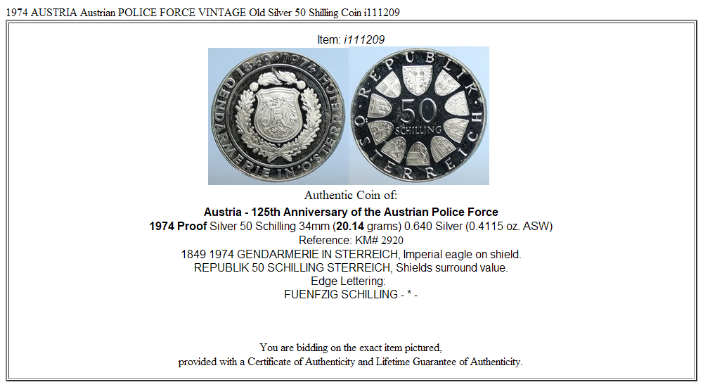 1974 AUSTRIA Austrian POLICE FORCE VINTAGE Old Silver 50 Shilling Coin i111209